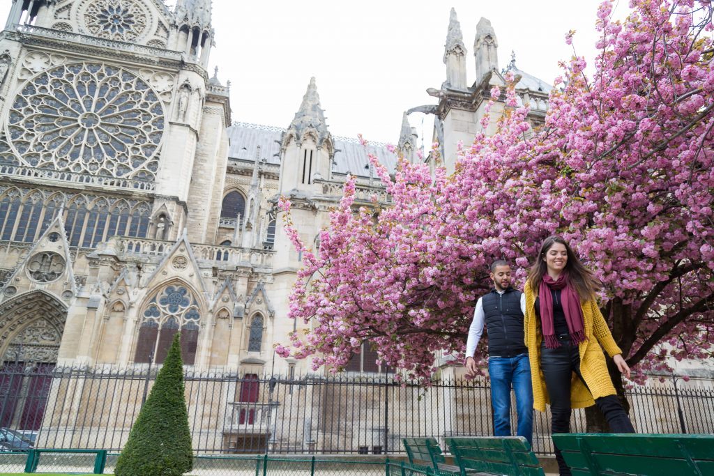 Ensaio na primavera na Notre Dame por fotógrafa em Paris